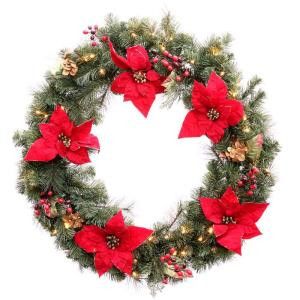36 in. Battery Operated Red Poinsettia Artificial Wreath with 60 Clear LED Lights