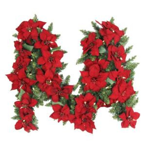 9 ft. Battery Operated Artificial Poinsettia Garland with 50 Clear LED Lights
