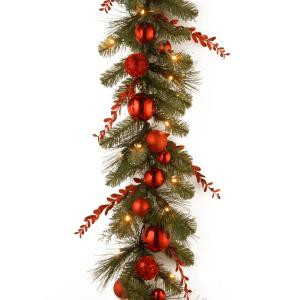 Decorative Collection 9 ft. Christmas Red Mixed Garland with Battery Operated Warm White LED Lights