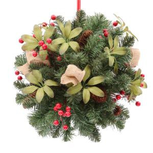 14 in. Unlit Artificial Kissing Ball with Red Berries and Pinecones