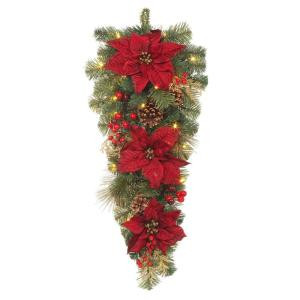 30 in. Pre-Lit LED Gold Glitter Cedar and Mixed Pine Teardrop with Burgundy Poinsettias and Warm White Lights