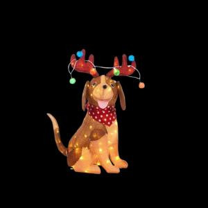 32 in. LED Lighted Tinsel Dog with Antlers and Light Bulbs