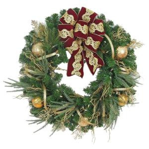 32 in. Pre-Lit Valenzia Artificial Christmas Wreath With Red and Gold Ribbon, 50 Battery-Operated Warm White LED
