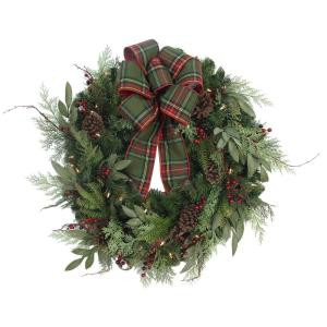 32 in. Pre-Lit Woodland Tales Artificial Christmas Wreath with Plaid Ribbon, 50 Battery-Operated Warm White LED