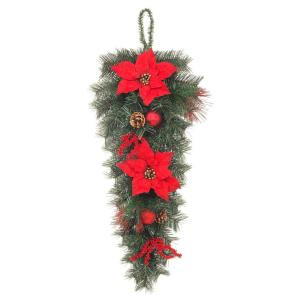 32 in. Unlit Mixed Pine Swag with Red Poinsettias