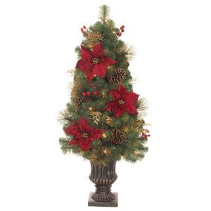 4 ft. Pre-Lit LED Gold Glitter Cedar and Mixed Pine Porch Tree with Burgundy Poinsettias