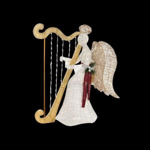 55 in. LED Lighted White PVC Sitting Angel with Harp