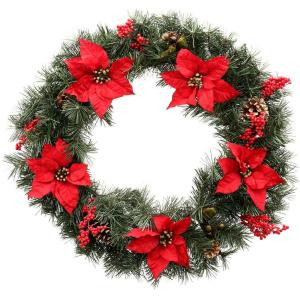 30 in. Unlit Winterberry Artificial Wreath with Red Poinsettias, Berries and Pinecones