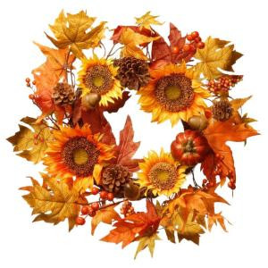 Harvest Accessories 22 in. Sunflower Artificial Wreath with Pumpkin