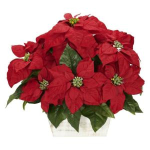 16.5 in. H Red Poinsettia with White Wash Planter Silk Arrangement