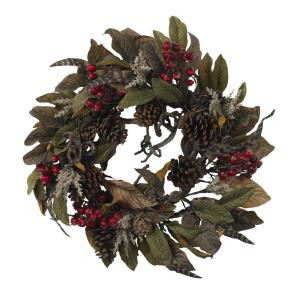 24 in. Artificial Wreath with Pine Cones, Berries, and Feathers