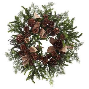 24 in. Pine and Pine Cone Artificial Wreath with Burlap Bows