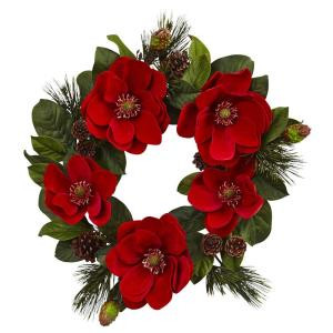24 in. Red Magnolia and Pine Artificial Wreath