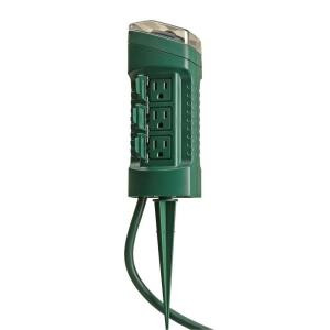 Outdoor 6-Outlet Yard Stake with Photocell Light Sensor Timer and 6 ft. Cord - Green