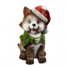 21 in. Cat wearing Santa Hat and Green Scarf Decor with 3 LED Lights