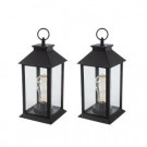11 in. H Battery Operated Black Plastic Lantern with 10-Count Micro LED Plastic Light Bulb, Timer Function (Set of 2)