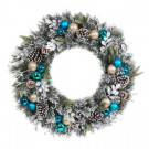 30 in. Flocked Pine Artificial Wreath with Blue Plate Balls