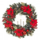 30 in. LED Pre-Lit Snowy Mixed Pine Wreath with Poinsettias and LED Timer Candle