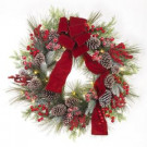 30 in. Pre-Lit Artificial Christmas Wreath with Pinecones and Burgundy Ribbon