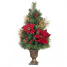 32 in. Gold Glitter Cedar and Mixed Pine Porch Tree with Burgundy Poinsettias