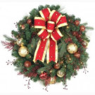 32 in. LED Pre-Lit Hilltop Artificial Christmas Wreath with Ribbon, Baubles and 50 Battery-Operated Warm-White Lights