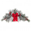 32 in. Unlit Snowy Pine Swag with Gray Striped and Red Velvet Bows