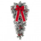 32 in. Unlit Snowy Pine Teardrop with Gray Striped and Red Velvet Bows