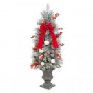 4 ft. Pre-Lit Flocked Porch Tree with 50 Clear Battery Operated LED Lights and Timer Function