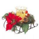 8.5 in. H Metal Sleigh with Poinsettias and LED Timer Candle in Glass Hurricane