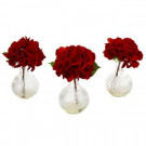 12 in. Red Hydrangea with Glass Vase (Set of 3)